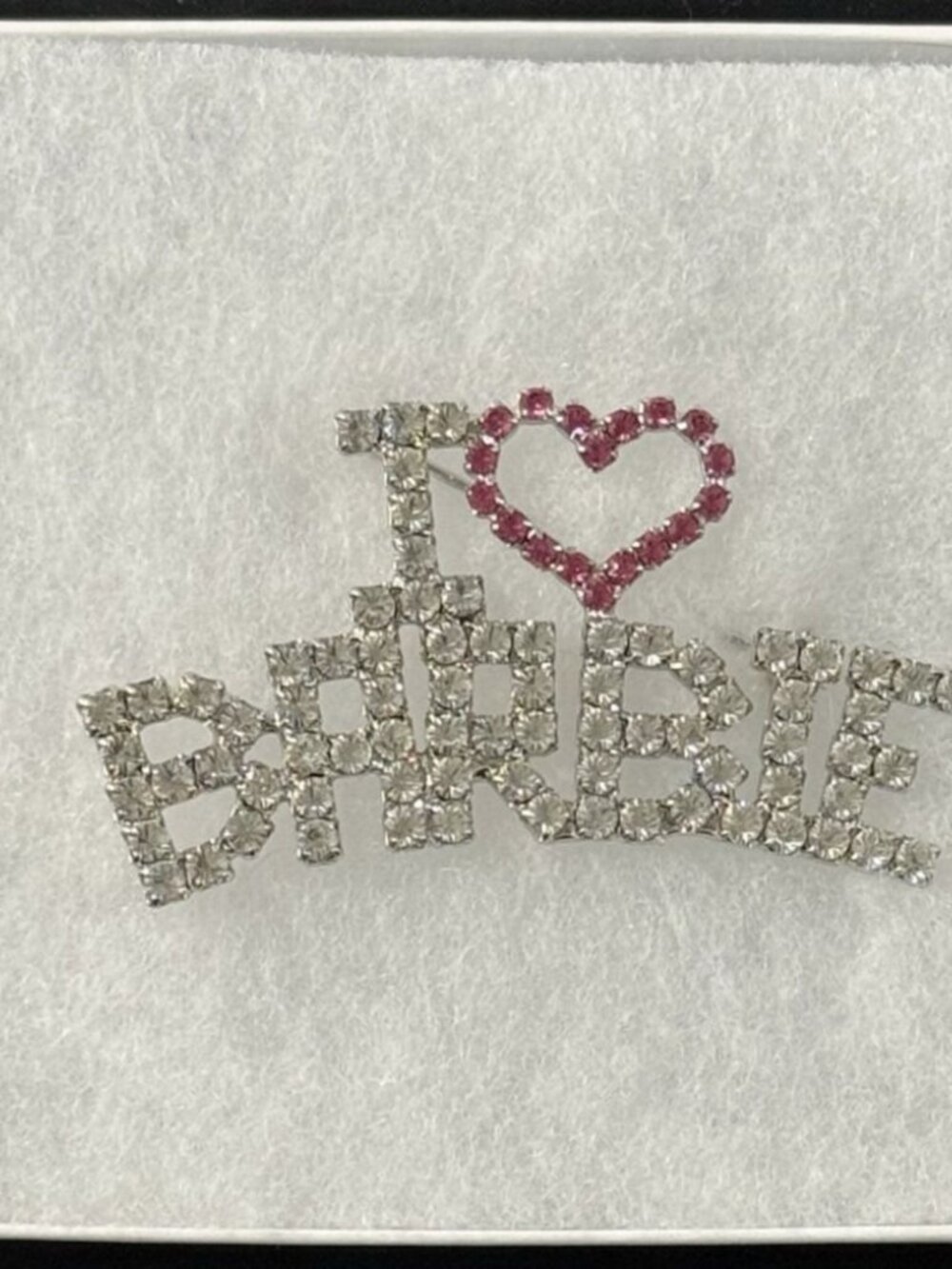 I Love Barbie Rhinestone Brooch Pin Silver Tone Pink Heart Convention Table Gift